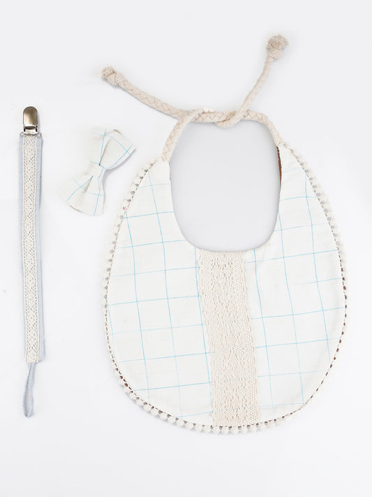 Choko Baby Bib Set with Adjustable Soft Dori, Matching Headband and Pacifier Clip Holder - White  -  Kids Accessories