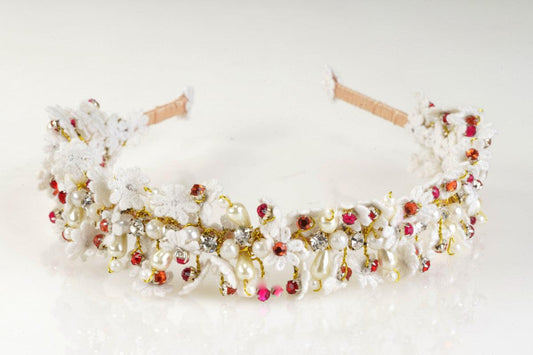 Frost & Fire Floral Hairband for Girls & Kids - White & Red Contrast Choko