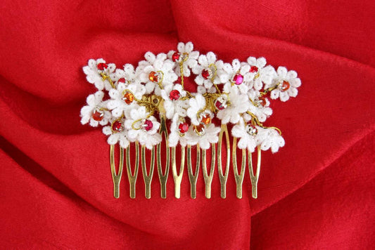 White and Red Lace Crystal Hair Comb Clip OR Cream Lily Garden Hair Comb
