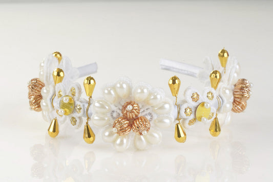 White & Gold Pearl Hairband for Girls & Kids - Floral Accents Choko