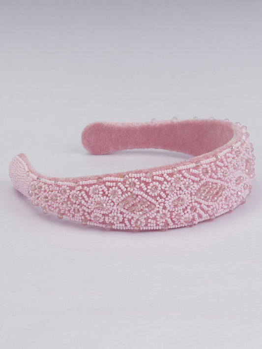 Baby Pink Satin Base Hairband for Girls & Kids - Off-White Crystal Beads & Pearls Choko