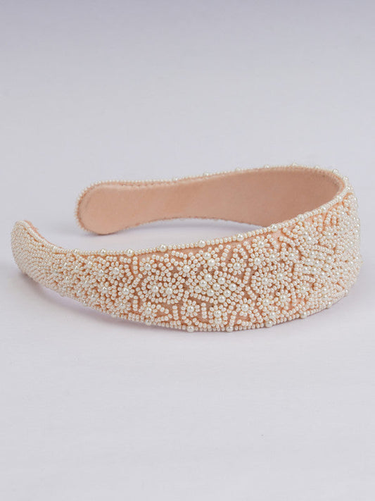 Creamy Elegance Hair Band for Girls & Kids - Soft Satin & Delicate Beadwork (Cream/White) Choko