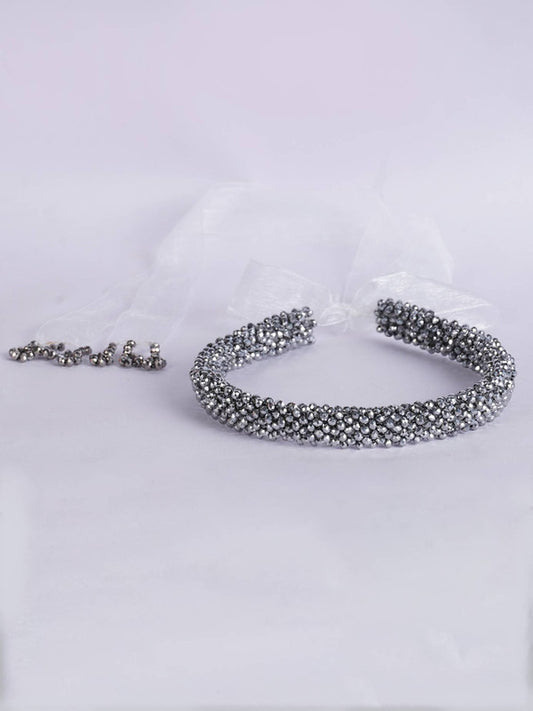 Choko - Silver Serenity Beaded Hairband - Adjustable Tie and Lace - Silver, White