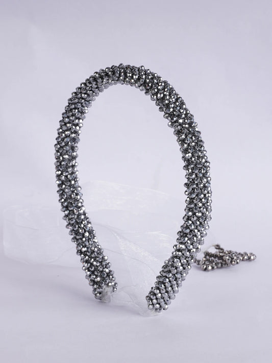 Choko Silver Serenity Beaded Hairband Adjustable Tie and Lace for Girls — Silver, White - Choko