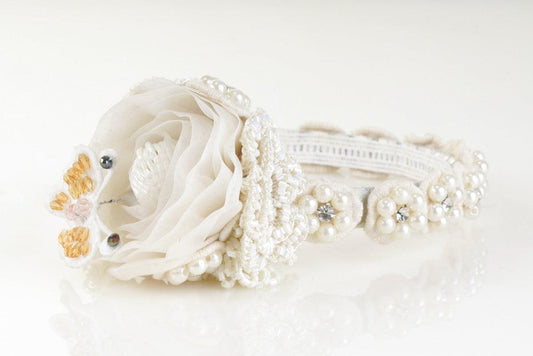 Pearl Princess Floral Hair Band for Girls & Kids - Organza & Lace Mix Choko