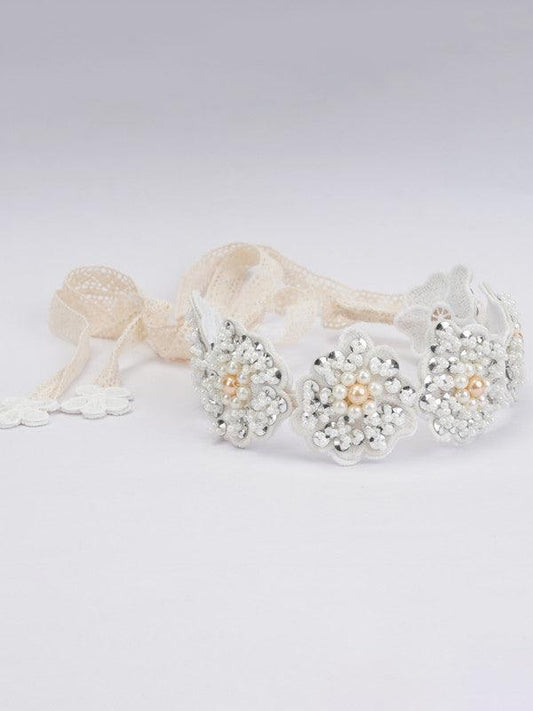 Lace Poppy Hairband for Girls & Kids - White Petals & Pearl Bow Choko