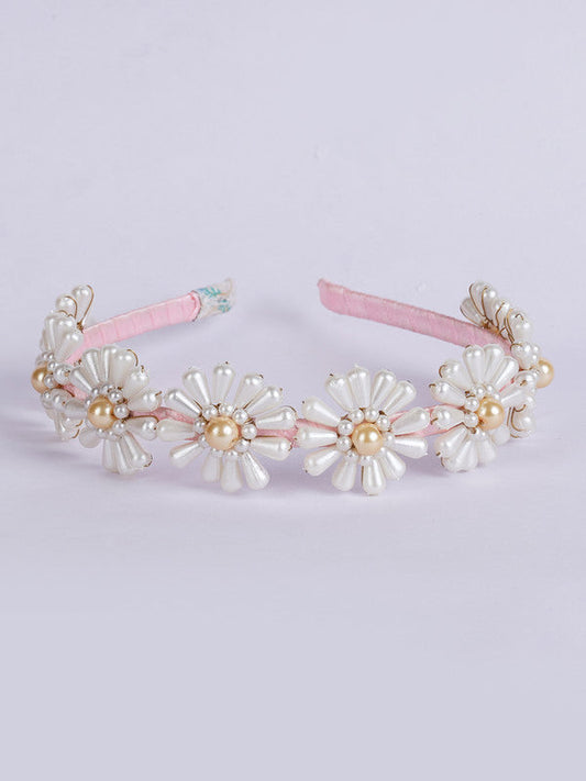 Beads & Pearl Hairband for Girls & Kids - Baby Pink & Off-White Floral Accents Choko