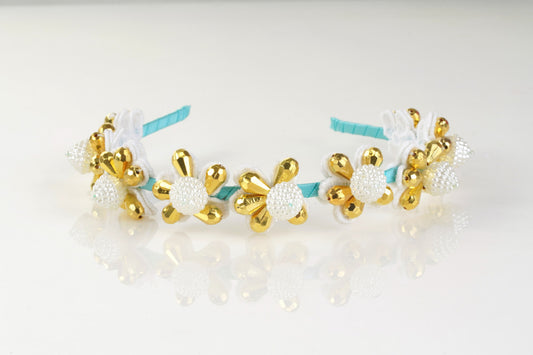 Summer Bloom Crystals Headband for Girls & Kids - Golden Beads & Pearls on Cerulean