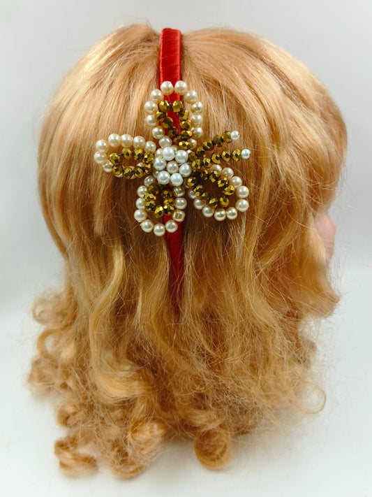 Butterfly Kids Hairband for Girls - Red Satin & Tricolor Pearls