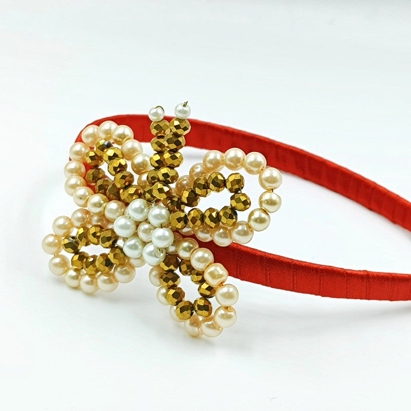 Butterfly Kids Hairband for Girls - Red Satin & Tricolor Pearls