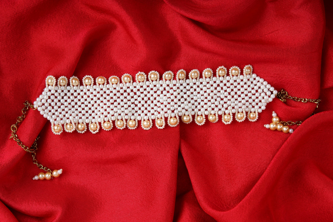 Choko Beaded Jewellery Set - Mathapatti, Necklace, Choker, Bracelet, Bangles and Ring - Off White