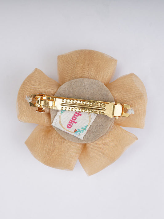 Floral Pearl Hair Clip for Girls & Kids - Light Brown Satin & Crystal Beads