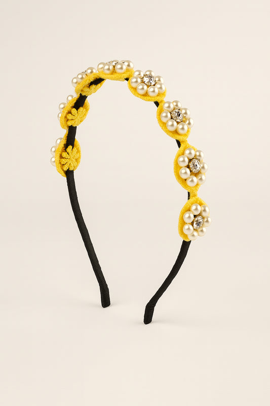 Choko Beaded Floral Pearl Hairband for Girls — Yellow - Choko