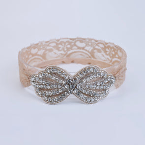 Choko Lace Rhinestone Bow Hair Band with Lace and Sparkle for Girls - Champagne Beige
