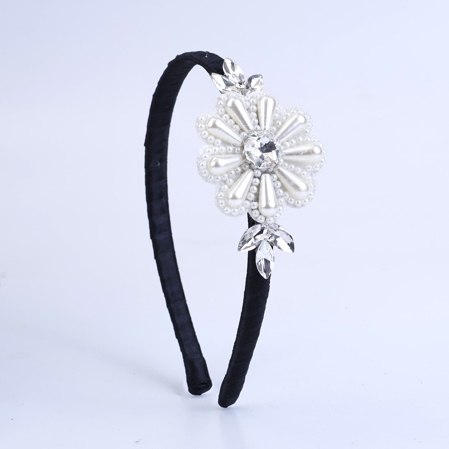 Choko Beaded Floral Hair Band with Pearl and Rhinestone Flowers for Girls - White Bloom