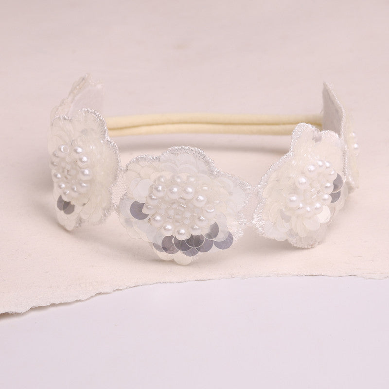 Choko Sequin Petal Bloom Stretch Headband for Infants and Toddlers - 1 Pc Festive Baby Hair Accessory - White, Silver, Clear