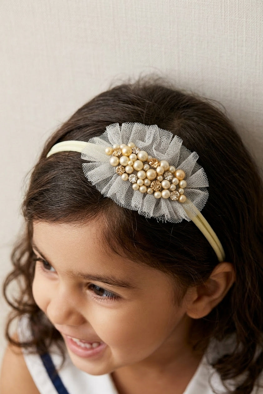 Choko Girls Grey Ruffled Tulle Pearl Round Cluster Elastic Headband For Festive Wear - Light Grey, Cream, Off White