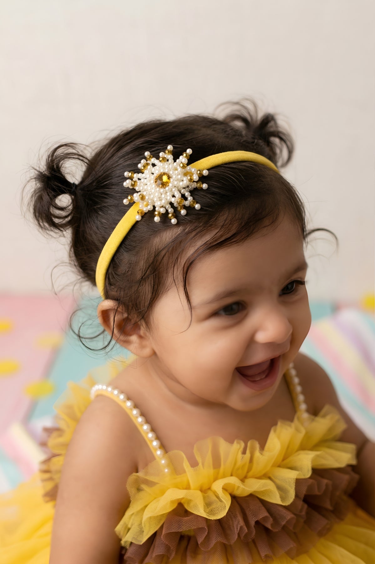 Choko Girls Yellow Starburst Pearl Studded Motif Premium Stretch Headband For Party Wear