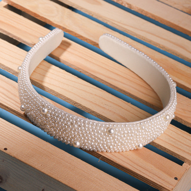 Choko Pearl Embellished Broad Hair Band for Girls and Women - Off- White Padded Headband