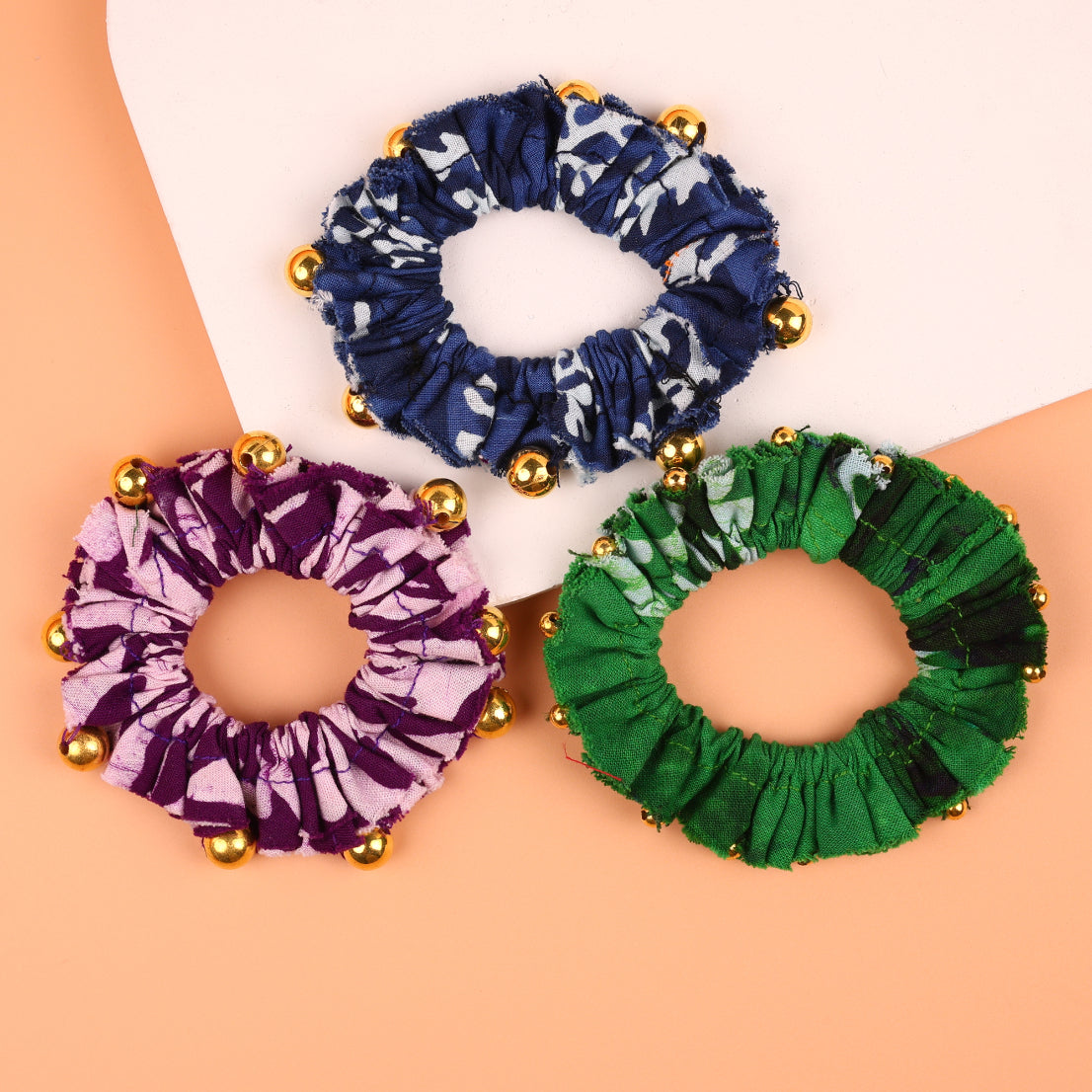 Choko Set of 3 Scrunchies with Golden Bead Detailing - Printed Elastic Hair Ties for Women & Girls - Green, Blue, Purple
