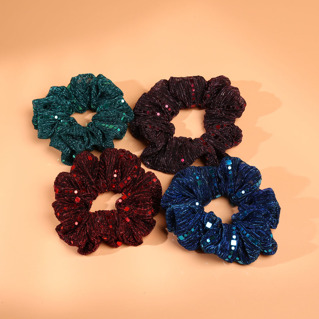 Choko Set of 4 Glitter Scrunchies with Sequin Detailing - Trendy Hair Ties for Women & Girls - Maroon, Teal, Black