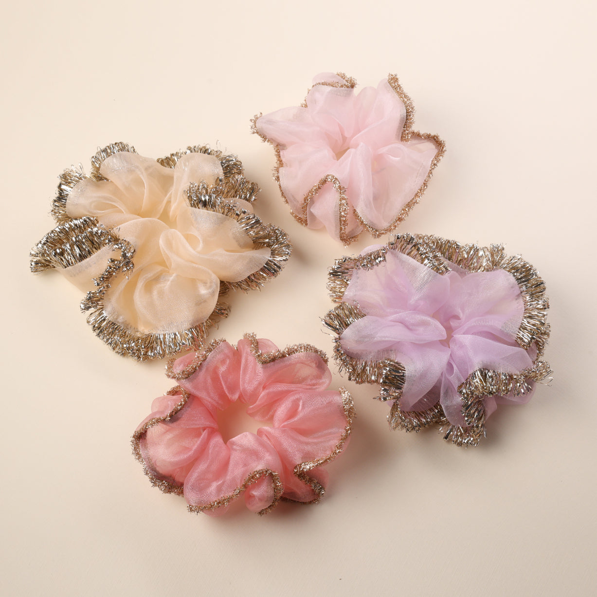 Choko 4 Pcs Gold Edge Chiffon Scrunchies Set for Women