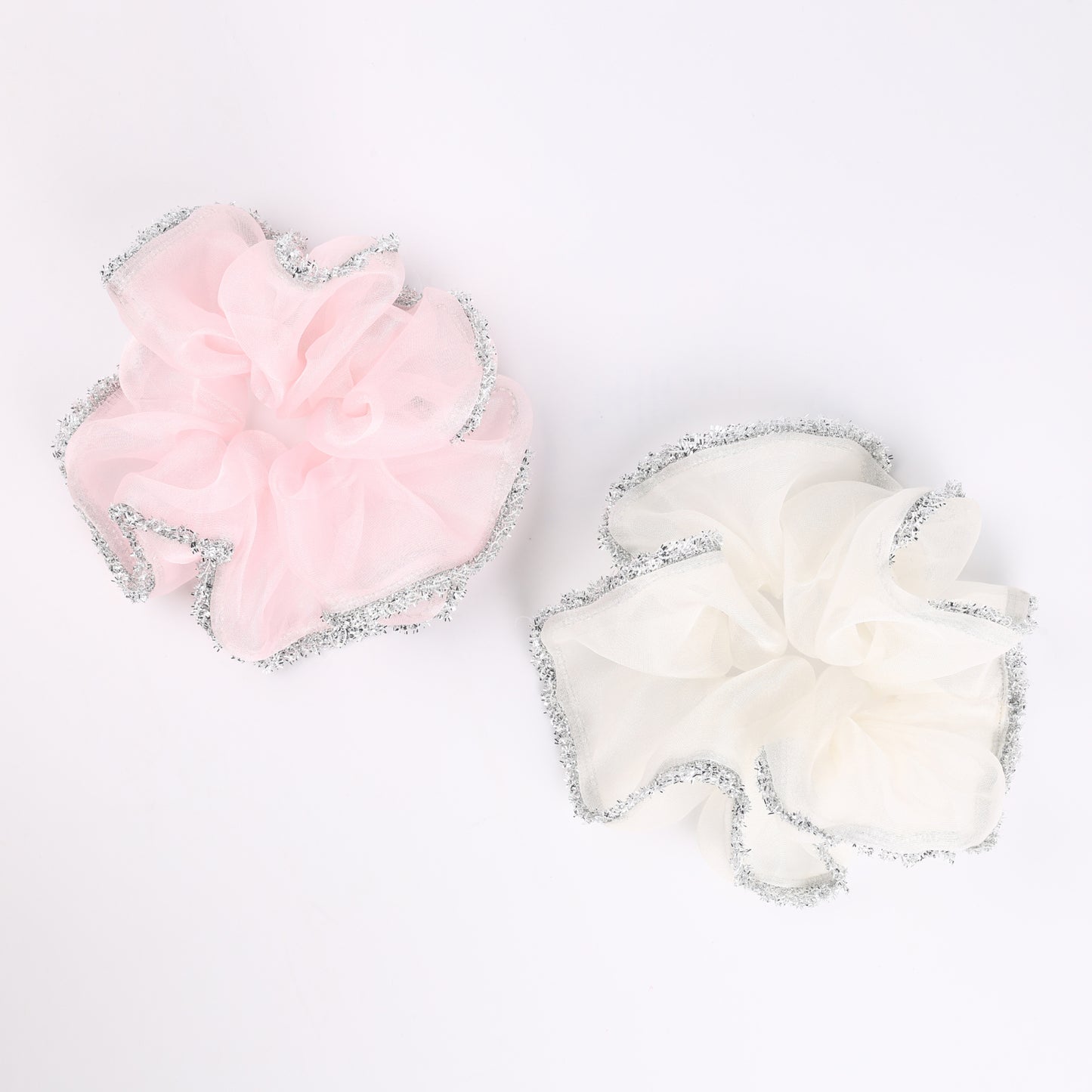 Choko 2- Pack Organza Scrunchies with Silver Shimmer Trim for Girls & Women - Pink & White