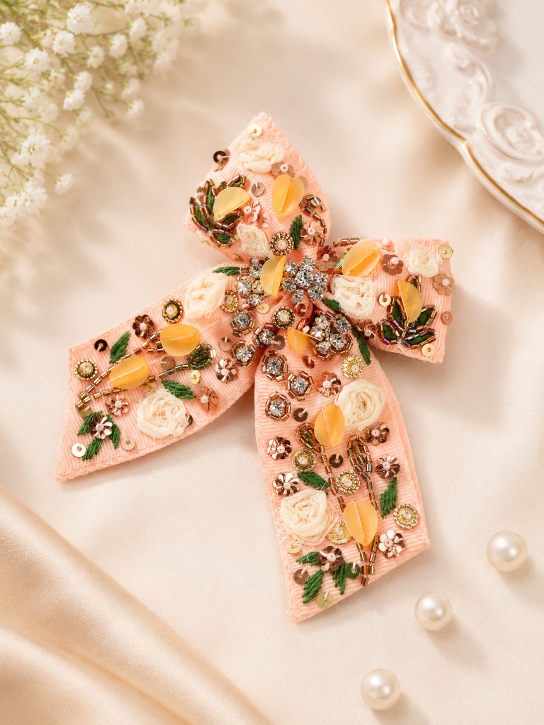 Choko Floral Embellished Bow Hair Clip Handcrafted for Girls & Women - Peach Pink