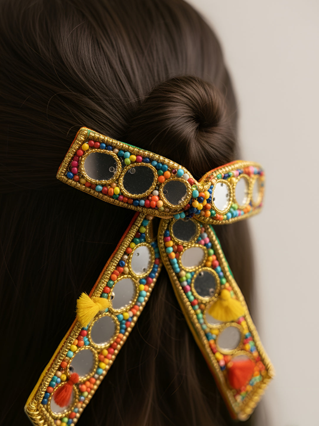 Choko Mirrorwork Bow Hair Clip Multicolor with Beaded Tassel for Girls - Ethnic Style