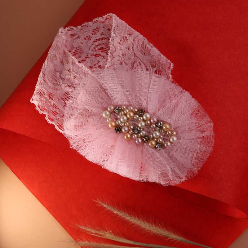 Choko Baby Pink Lace Headband with Pearl Cluster and Soft Net Detailing