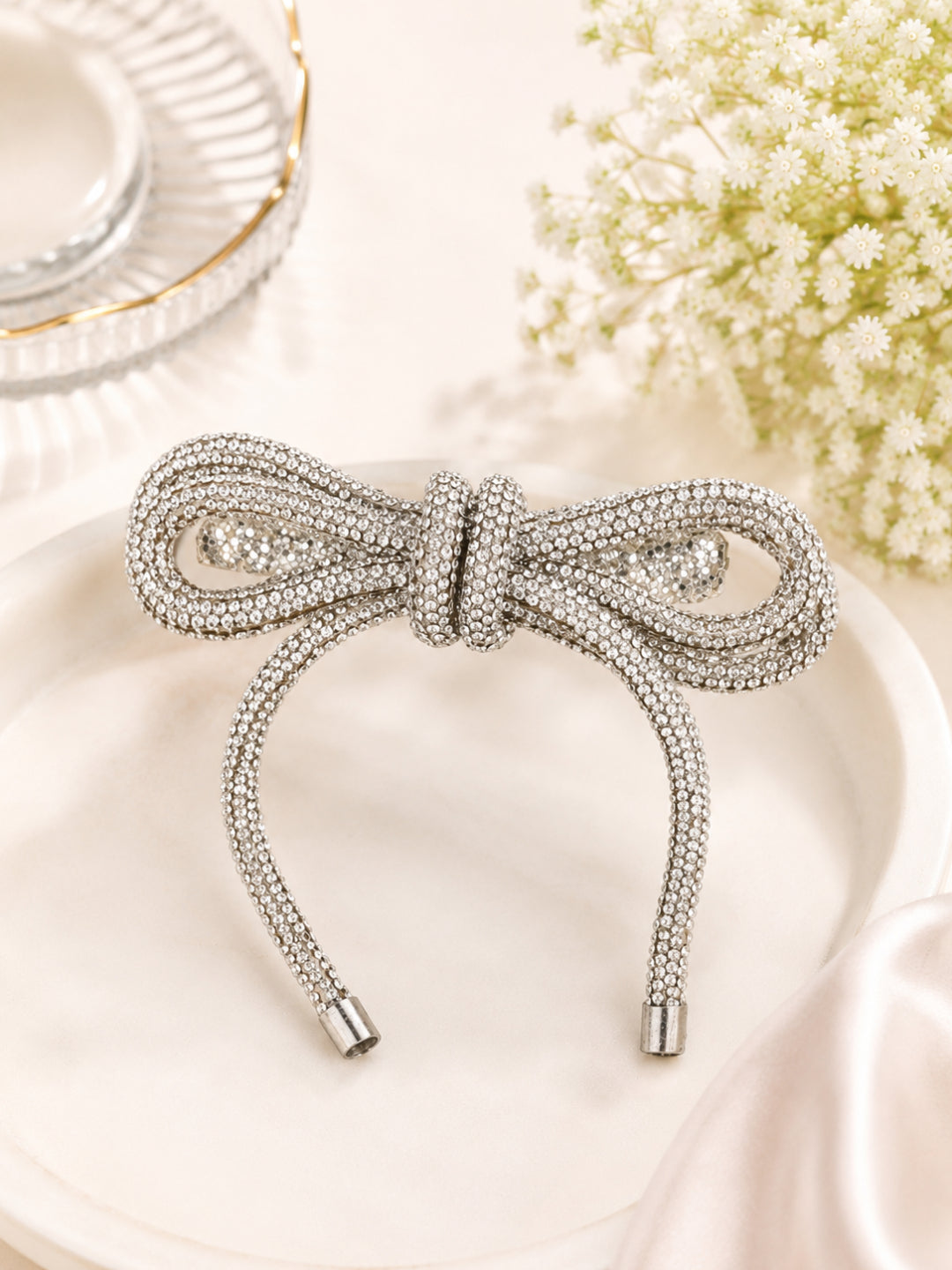 Choko Silver Barrette Hair Clip for Women - 1 Pc Crystal Bow Clip for Elegant Evening Styling