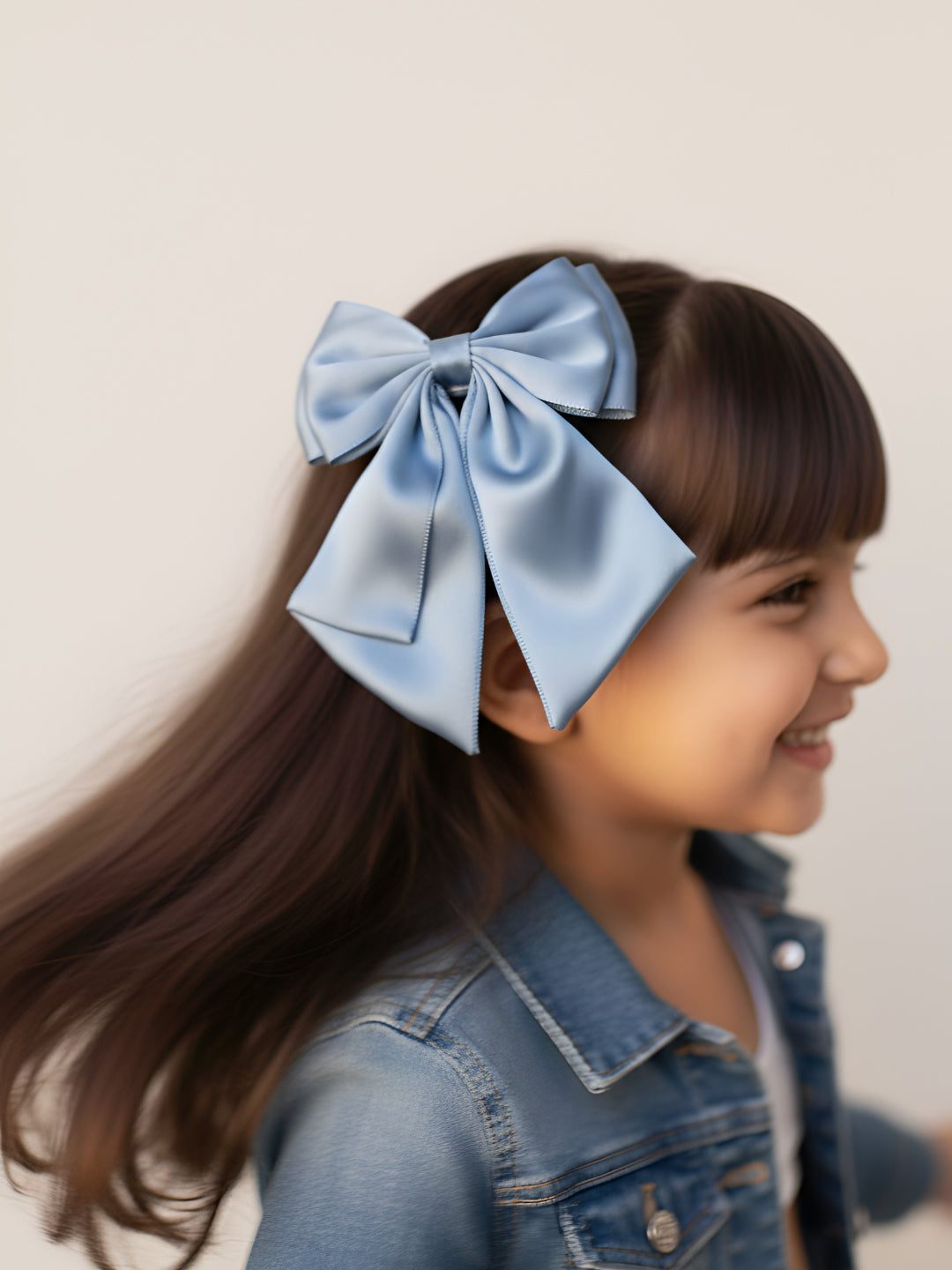 Choko Dusty Blue Oversized Bow Alligator Hair Clip for Girls - Satin Everyday Charm