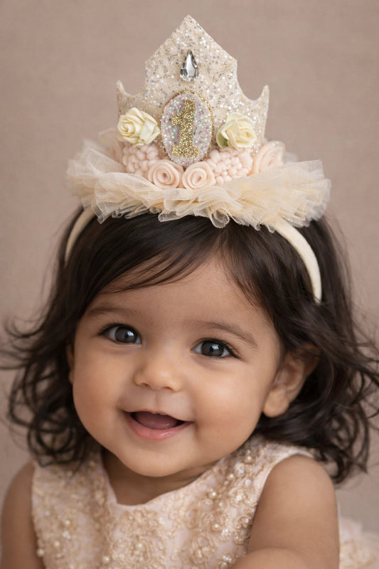 Baby Girl 1st Birthday Crown Hair Band - Cream Gold Floral | Choko - Choko