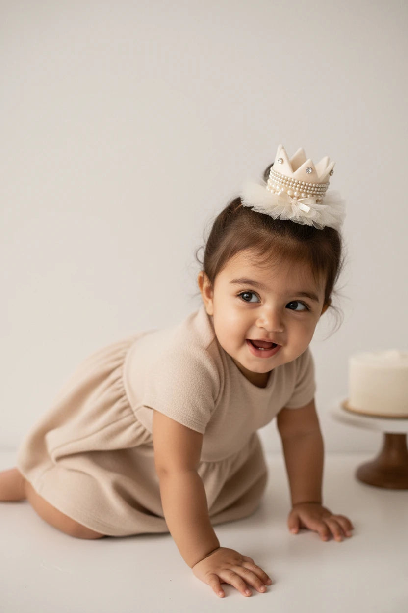 Baby Girl Birthday Crown Hair Clip - Beige Gold Rhinestone Pearl | Choko - Choko