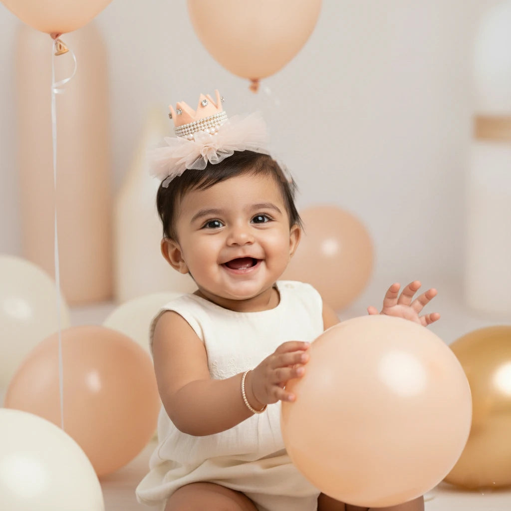 Baby Girl Birthday Crown Hair Clip - Beige Gold Pearl Tulle | Choko - Choko