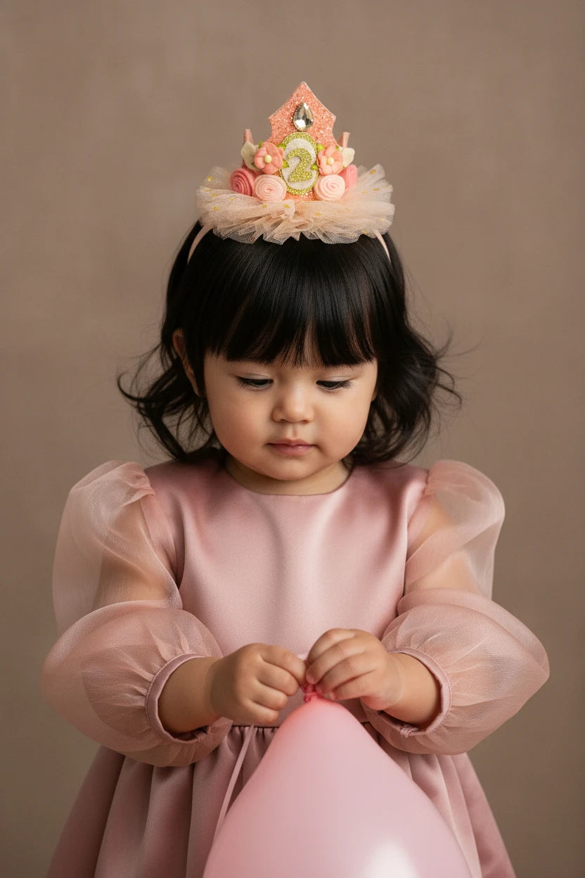 Girls 2nd Birthday Crown Hair Band - Glitter Floral Tulle | Choko - Choko