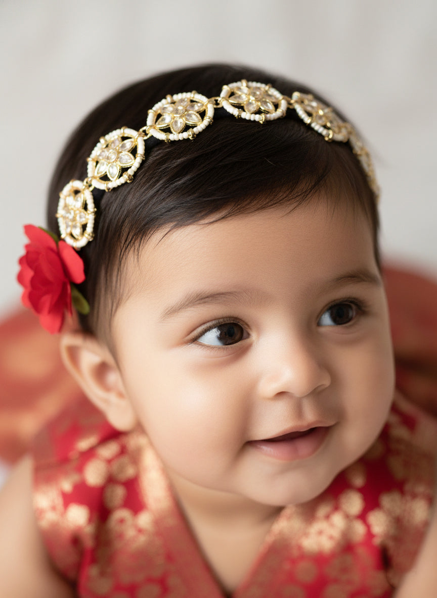 Choko Girls Gold Kundan Flower Pattern Handcrafted Non Slip Headband For Festive Wear