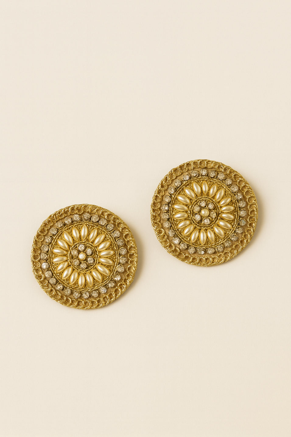 Choko Pearl Stone Round Motif Set of 2 Alligator Hair Clips for Girls Traditional Festive Wear - White, Gold