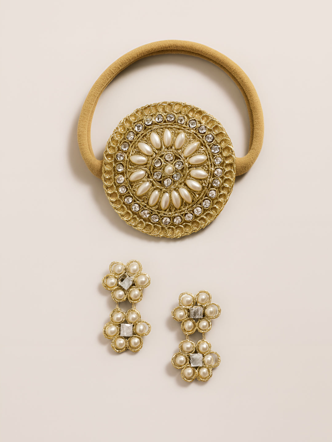 Choko Gold Pearl Medallion Headband with Matching Hair Clips Set for Girls Festive Styling