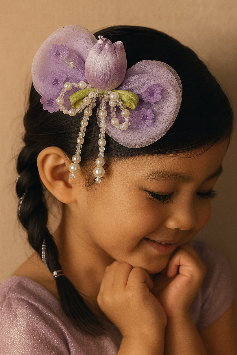 Choko Floral Bow Hair Clip with Pearl Tassels in Soft Lavender Sheer Fabric for Girls Party Wear
