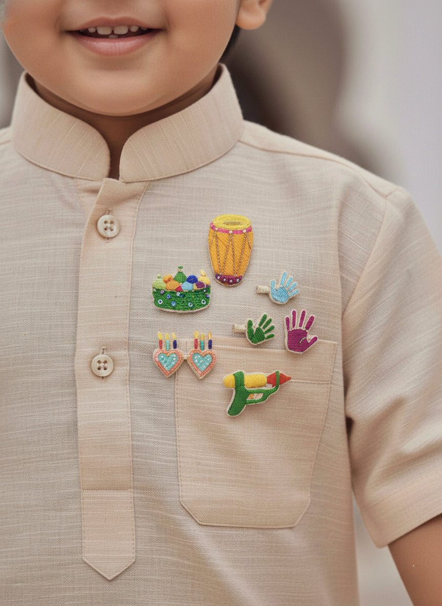 Choko Girls Set of 7 Green Embroidered Holi Festive Fun Brooch Pins Accessory