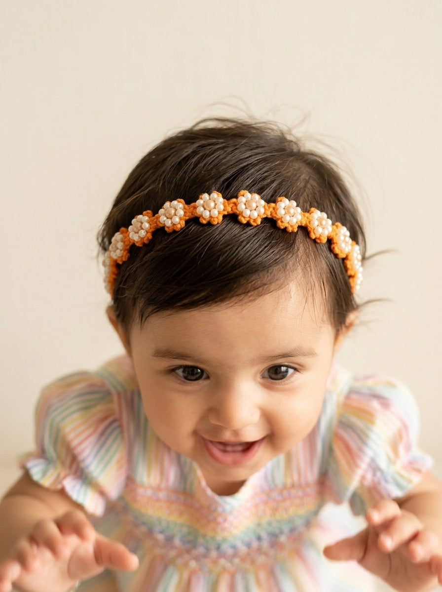 Choko Girls Mustard Crochet Floral Pearl Studded Handcrafted Headband For All Occasions