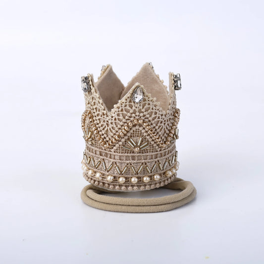 Choko Majestic Pearl Beaded Birthday Crown Headband - Beige, for Baby Girls and Boys