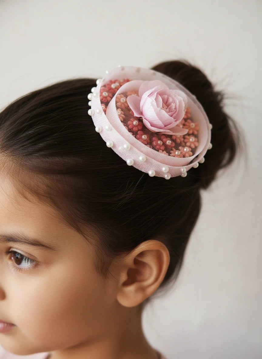 Choko Floral Embroidered Pearl Hairclip for Girls - Pink - Choko