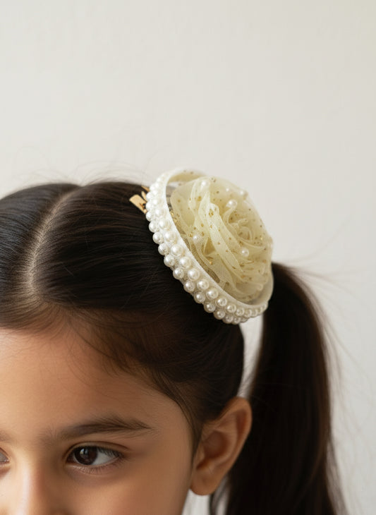 Choko Pearl and Gold Polka Dot Hairclip for Girls - Off White - Choko