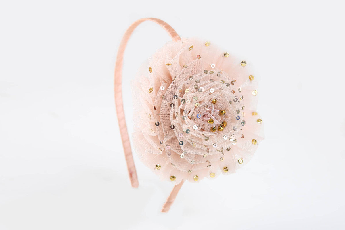 Tulle Sequin Big Flower Hair Band - Peach