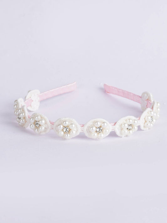 Choko - Graceful Blooms - Satin Floral Hairband - Pearls and Lace- White, Pink