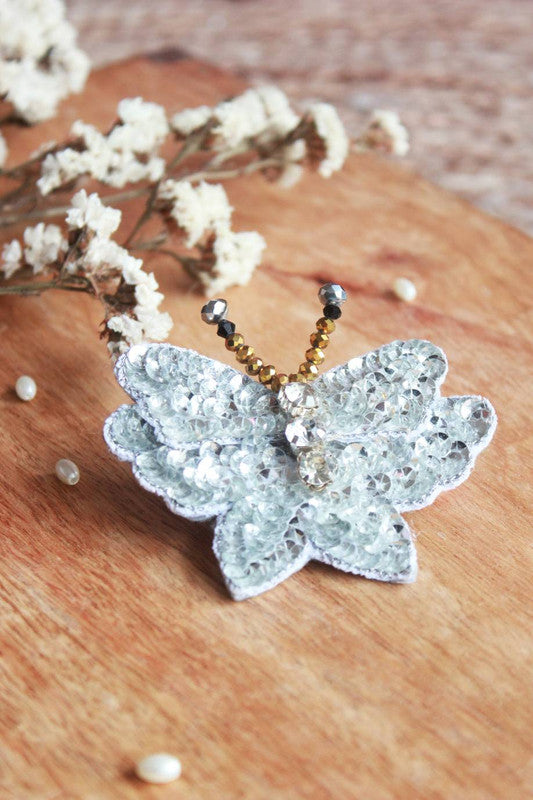 Sequin and Crystal Stone Beaded Butterfly Hairclip - Silver