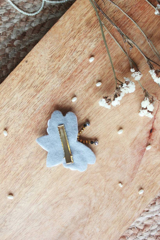 Sequin and Crystal Stone Beaded Butterfly Hairclip - Silver