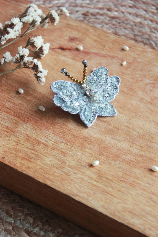 Sequin and Crystal Stone Beaded Butterfly Hairclip - Silver